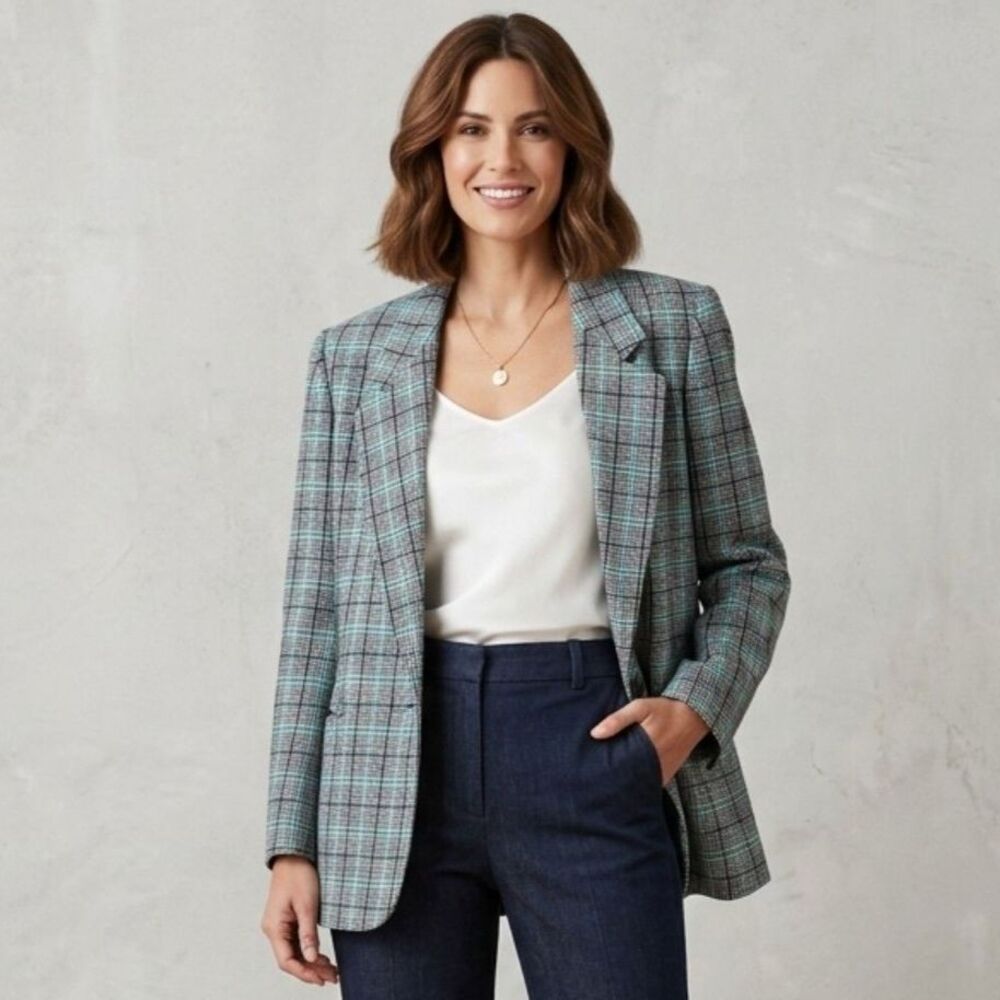Koret Vintage Women’s Size 12 Plaid Single-Button Y2K Blazer Teal Black Jacket